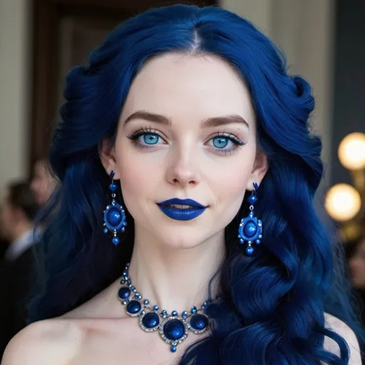 Prompt: Light pale skin, Vibrant dark-blue eyes, very Long blue hair, blue lipstick, blue eyeshadow, blue makeup, blue earrings, dark blue ball gown, Pleased
