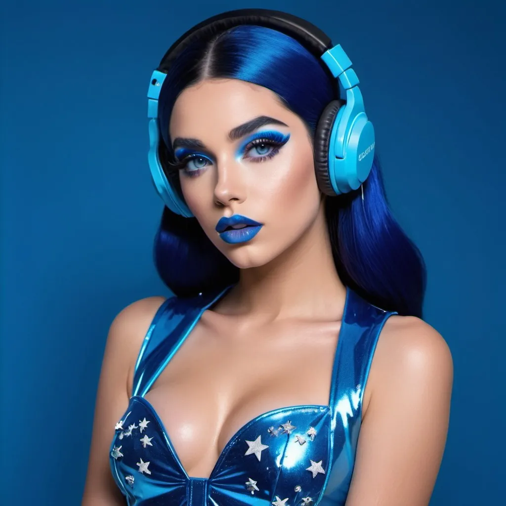 Prompt: 2020s, Saataa Andagii as a female popstar wearing a blue headphones, aqua blue lipstick, glossy and sparkling lips, blue makeup including blue eyeshadow and blue blush, dark blue hair, blue eyebrows, blue eyes, colourised, blue plastic gown, full body shot, photography, blue hearts and stars, euphoric.