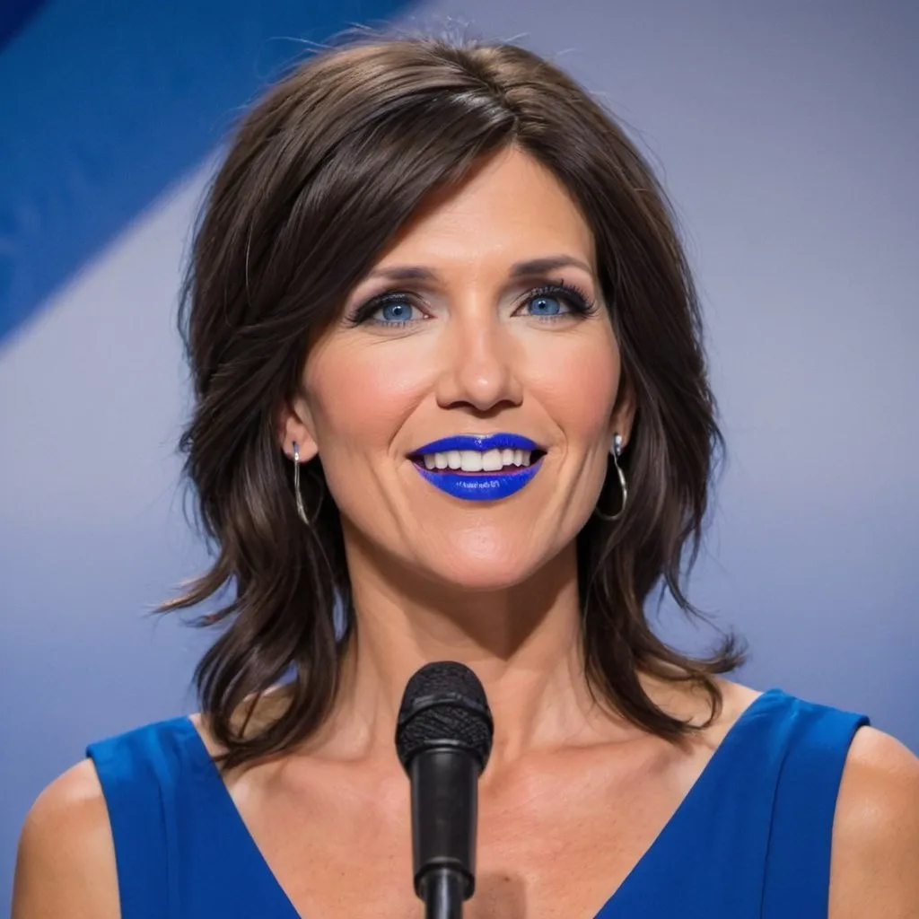 Kristi Noem with blue mullet, blue eyes, flowing blu...