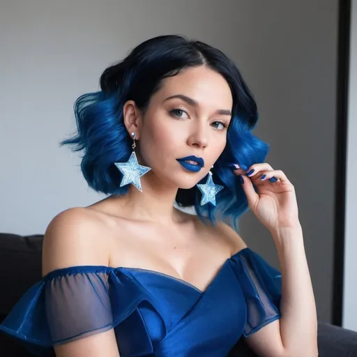 Prompt: 30 year old woman, mother, in living room, blue lipstick, blue hair, Puffy face, long ice nails, blue Spiral earrings, dark blue plastic dress, blue Star Patch.  