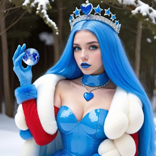 Prompt: Blue canary, Heavy snow, Giant Blue Orb in Sky, Long Straight Blue hair, Ice crystal tiara, Thick bushy blue eyebrows, medium sized nose, plump diamond shape face,  Blue lipstick, ethereal blue eyes, blue Triangle Star earrings, soft ears, Large blue plastic chain around neck, Blue heart necklaces, blue candy shaped rings, Large blue fur coat with blue plastic gloves. Long Blue Skirt with moons.