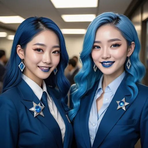 Prompt: a picture of 2 korean women with long blue hair, posing together large blue eyes wearing blue suits, blue eyeshadow, and blue lipstick, closed smiles at the camera, blue makeup, blue jewelry on hands, Artgerm, fantasy art, realistic shaded perfect blue face, a detailed painting, modern newsroom background, 30 years old, blue lipstick, blue star badge on their suits, blue diamond earrings.