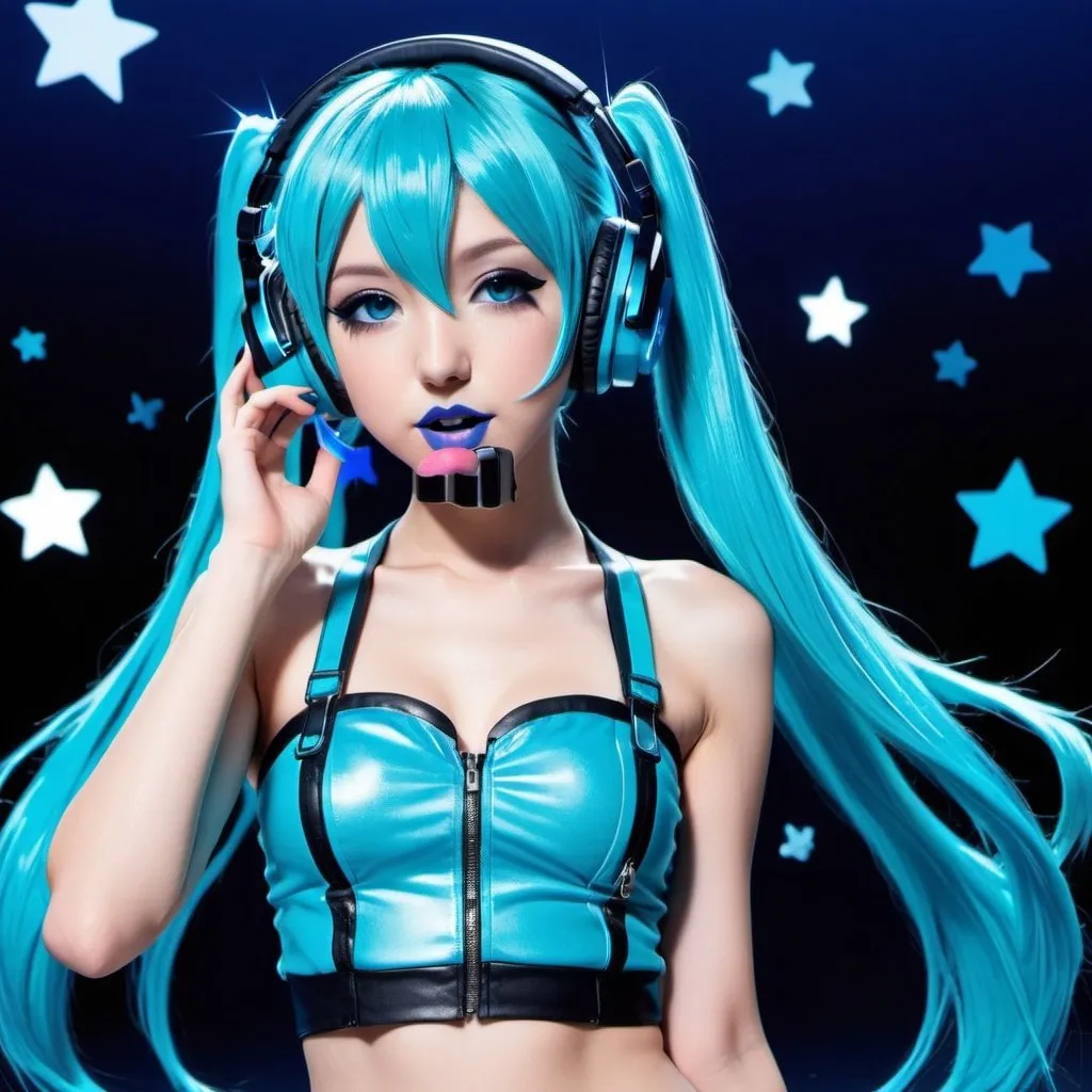 Prompt: 2010s, hatsune miku as a female popstar wearing a blue headphones, aqua blue lipstick, glossy and sparkling lips, blue makeup including blue eyeshadow and blue blush, dark blue hair, blue eyebrows, blue eyes, colourised, blue crop top, full body shot, photography, blue hearts and stars, euphoric.