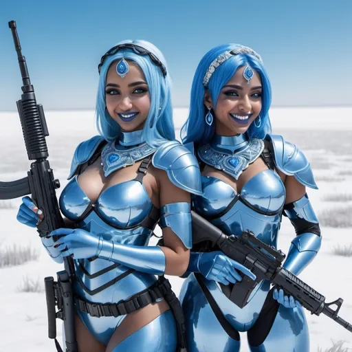 Prompt: Two arabian women holding a m-4 rifle, blue lipstick, snowy marsh bay, blue heart necklaces, Thick blue soldier armor, smile face, blue spiral eyes, blue eyeshadow, long ice earrings. Cold color scheme, ultradetailed, 8k resolution, perfect, smooth, high quality, shiny. 