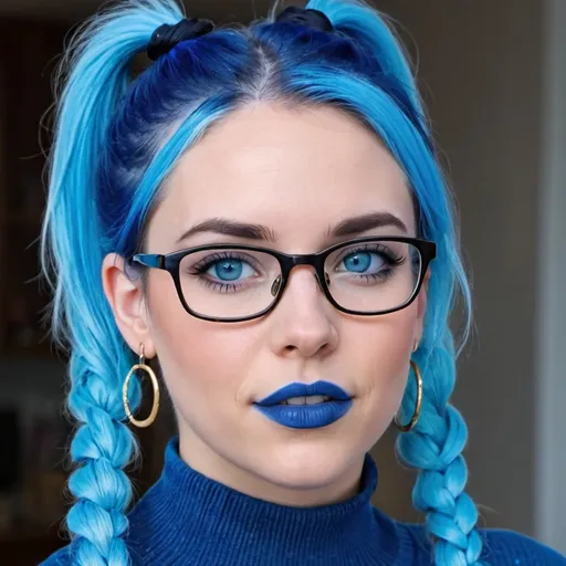 Prompt: blue hair 30 year old woman, with pony tails, blue eyes and glasses, blue lipstick, blue sweater, blue eyeshadow, blue makeup, blue halo earrings.  