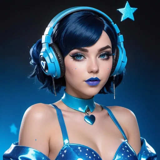 Prompt: 2020s, Mei Overwatch as a female popstar wearing a blue headphones, aqua blue lipstick, glossy and sparkling lips, blue makeup including blue eyeshadow and blue blush, dark blue hair, blue eyebrows, blue eyes, colourised, blue plastic gown, full body shot, photography, blue hearts and stars, euphoric.