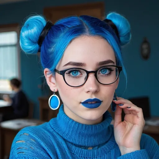 Prompt: a hot blue hair girl, with bun, blue eyes and glasses, blue lipstick, blue sweater, blue eyeshadow, blue makeup, blue halo earrings.  Her mother behind