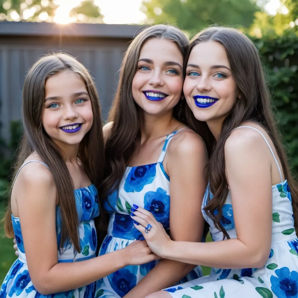 Prompt: A mother with her teenage daughters, blue flower dresses, blue nails, blue lipstick, blue eyes, blue long hair, smile without teeth, in her backyard.