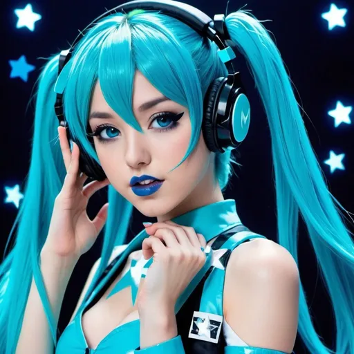 Prompt: 2010s, hatsune miku as a female popstar wearing a blue headphones, aqua blue lipstick, glossy and sparkling lips, blue makeup including blue eyeshadow and blue blush, dark blue hair, blue eyebrows, blue eyes, colourised, blue crop top, full body shot, photography, blue hearts and stars, euphoric.