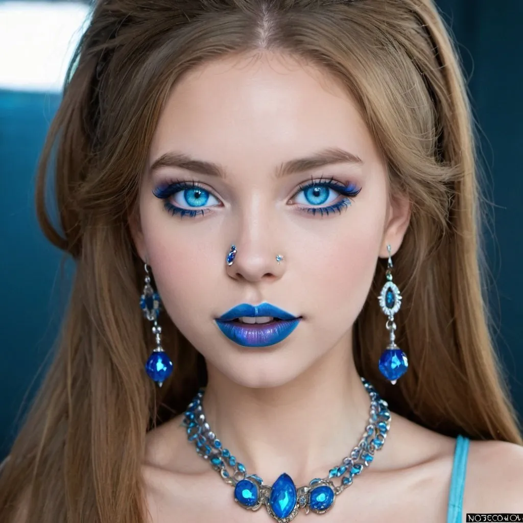 Prompt: 1girl, blue eyes, blue lips, blue skin,  colored skin, eyeshadow, jewelry, lips, lipstick, long hair, makeup, necklace, nose, solo, teeth