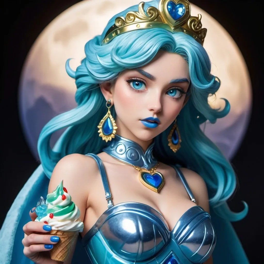 Prompt: Palutena with ultradetailed large shiny blue lips, Blinding Heart Earrings, Blue Xtra Large Metal Ball Gown, blue plastic Gloves with blue Fur, Glowing Blue eyes, Artisans Cut Gleaming Ice Cream Tiara. Pristine blue hair, confident facial expression, Full eyebrows with blue tint, Crocodile necklace, Wintry Aura, blue Armor Plated Shoulders, Cake Covered blue wand, Sharp Nails, Auroras in eye of hurricane. Blue Moon. High resolution, Realistic, Cold color scheme, high radiance.