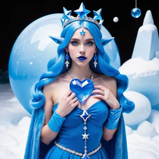 Prompt: Blue zelda, Heavy snow, Giant Blue Orb in Sky, Long Straight Blue hair, Ice crystal tiara, Thick bushy blue eyebrows, medium sized nose, plump diamond shape face,  Blue lipstick, ethereal blue eyes, blue Triangle Star earrings, soft ears, Large blue plastic chain around neck, Blue heart necklaces, blue candy shaped rings, Large blue fur coat with blue plastic gloves. Long Blue Skirt with moons.