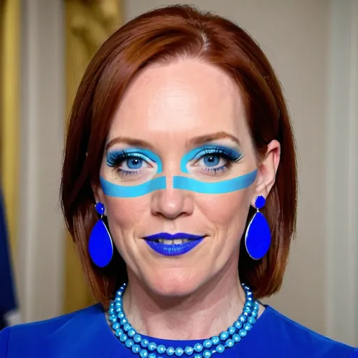 Prompt: Jen Psaki with blue earrings, blue eyes, blue hair,  blue lipstick, blue dress, blue makeup, blue eyeshadow. blue jewelry, blue lights



