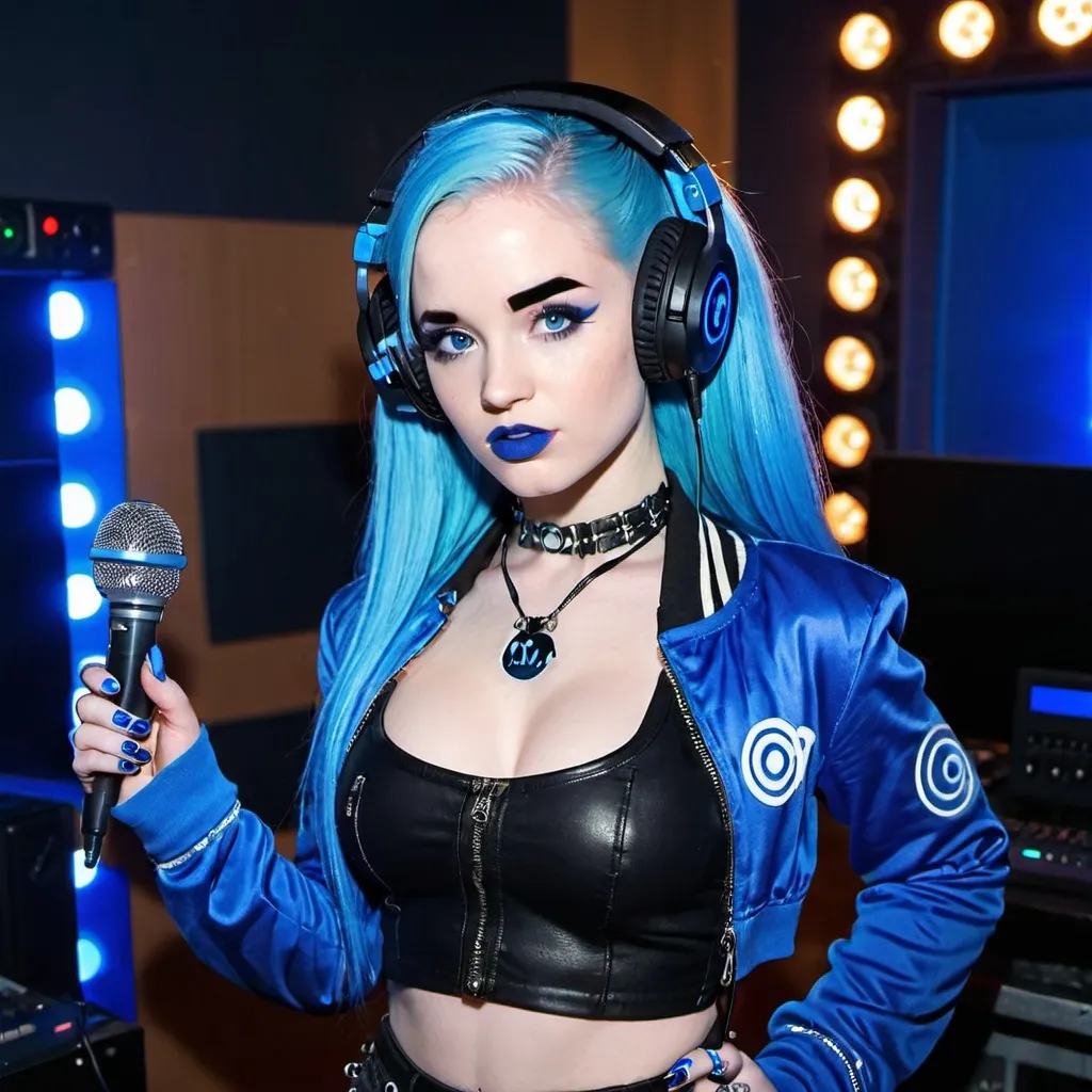 Prompt: Cyber goth madelaine petsch, electronic dance, full body view, blue lipstick, blue eyes, blue eyeshadow, blue crop top, blue jacket, blue nails, blue hair, blue headphones, blue microphone, blue speakers, blue lights shining, media studio with cameras pointed at her, full lips, Checkmark on her crop top