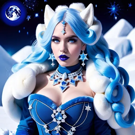 Prompt: GeminiTay, Heavy snow, Giant Blue Orb in Sky, Long Straight Blue hair, Ice crystal tiara with twal Flowers, Thick bushy blue eyebrows, medium sized nose, plump diamond shape face,  Blue lipstick, ethereal blue eyes, Triangle Star earrings, soft ears, Large blue plastic chain around neck, Blue heart necklaces, dark blue candy shaped rings, Large blue fur coat with armor underneath. Scaley gloves. Long Blue Skirt with moons.