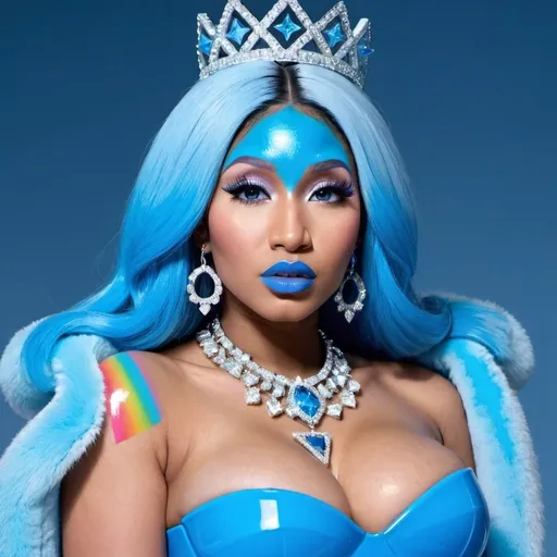 Prompt: Nicki Minaj, Heavy snow, Clouds in Sky, Long Straight Blue hair, Ice crystal tiara, Thick bushy blue eyebrows, medium sized nose, plump diamond shape face,  Blue lipstick, ethereal blue eyes, blue makeup, Triangle Star earrings, soft ears, Large blue plastic chain around neck, Blue heart necklaces, blue candy shaped rings, Large blue fur coat with blue plastic gloves. Long Blue Skirt. Plump chest, bigbreast