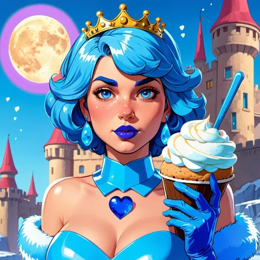 Prompt: GTA v cover art, Princess daisy with ultradetailed large shiny blue lips, Blinding blue Heart Earrings, Blue Xtra Large Metal Ball Gown, blue plastic Gloves with blue Fur, Glowing Blue eyes, Artisans Cut, Gleaming blueberry Ice Cream, blue Tiara. Pristine blue hair, confident facial expression, Full eyebrows with blue tint, blue Candy necklace, Wintry Aura, blue Armor Plated Shoulders, Cake Covered blue wand, blue Sharp Nails, coastal castle, Blue Moon. High resolution, Cold color scheme, high radiance.