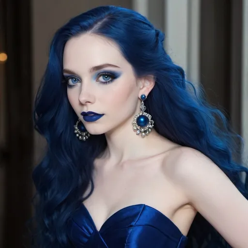 Prompt: Light pale skin, Vibrant dark-blue eyes, very Long blue hair, blue lipstick, blue eyeshadow, blue makeup, blue earrings, dark blue ball gown, Pleased
