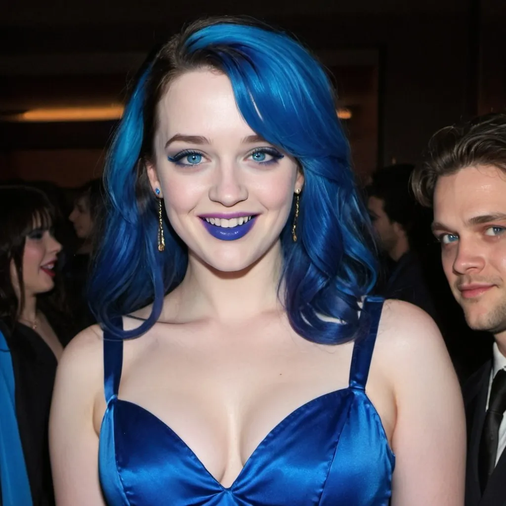 Prompt: Kat Denning's with blue mullet, blue eyes, flowing blue hair, smiling lips with blue lipstick, blue dress, blue makeup, blue eyeshadow.



