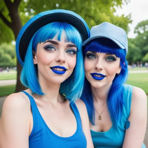 Prompt: 2 Women at a park, blue hair, blue lipstick, blue eyes, blue makeup, blue clothes, blue hats. Happy face.