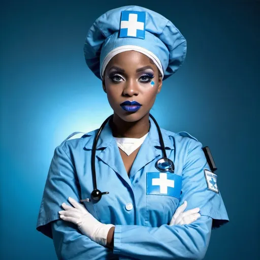 Prompt: 2010s, Haitian female medic wearing a blue nurse hat, blue lipstick, blue makeup including blue eyeshadow and blue blush, blue hair, blue eyebrows, blue eyes, colourised, blue quarantine suit, full body shot, photography, blue hearts and stars, serious face.