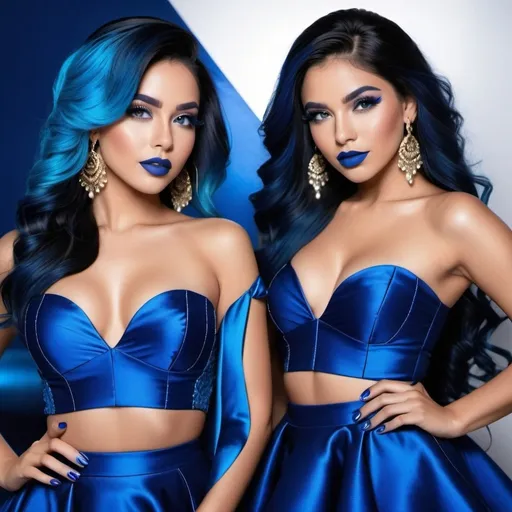 Prompt:  2 Hispanic women, blue makeup, blue lipstick, blue eyes, blue hair, blue eyebrows, blue blush, blue silk pattern dress, long dark blue skirt, blue finger nails. Photograph, realistic, any facial expression, full body.