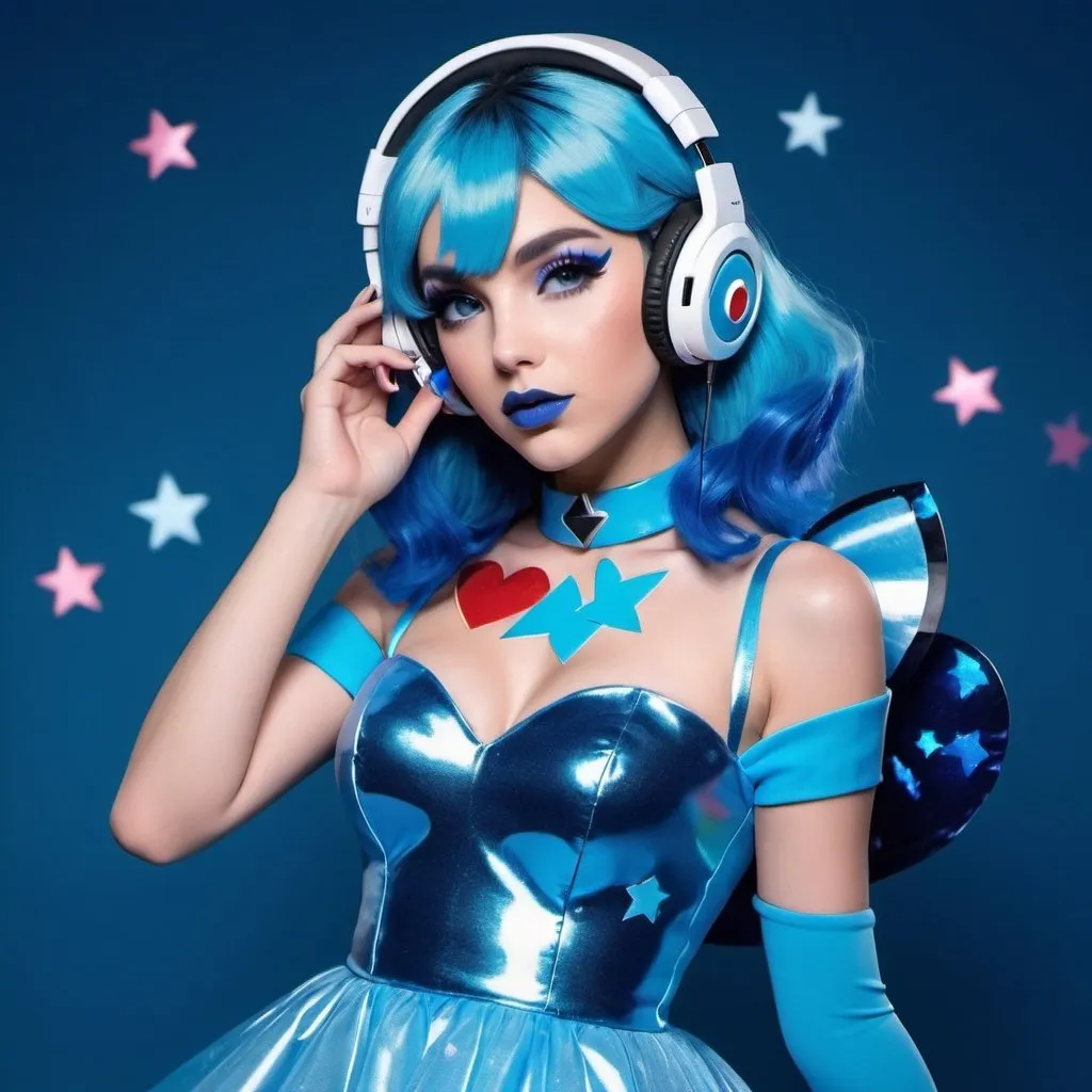 Prompt: 2020s, Dawn Pokemon as a female popstar wearing a blue headphones, aqua blue lipstick, glossy and sparkling lips, blue makeup including blue eyeshadow and blue blush, dark blue hair, blue eyebrows, blue eyes, colourised, blue plastic gown, full body shot, photography, blue hearts and stars, euphoric.