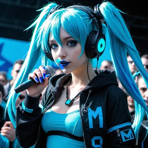 Prompt: Cyber goth hatsune miku, electronic dance, full body view, blue lipstick, blue eyes, blue eyeshadow, blue crop top, blue jacket, blue nails, blue hair, blue headphones, blue microphone, blue speakers, blue lights shining, political rally