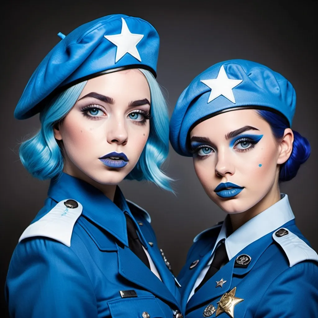 Prompt: 2010s,  two female officers wearing a blue beret, blue lipstick, blue makeup including blue eyeshadow and blue blush, blue hair, blue eyebrows, blue eyes, colourised, blue uniform beret, full body shot, photography, blue hearts and stars neutral expression.