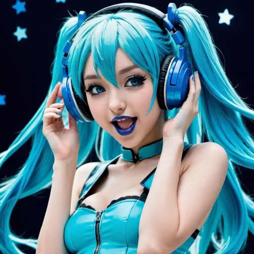 Prompt: 2010s, hatsune miku as a female popstar wearing a blue headphones, blue lipstick, blue makeup including blue eyeshadow and blue blush, blue hair, blue eyebrows, blue eyes, colourised, blue crop top, full body shot, photography, blue hearts and stars, excited.