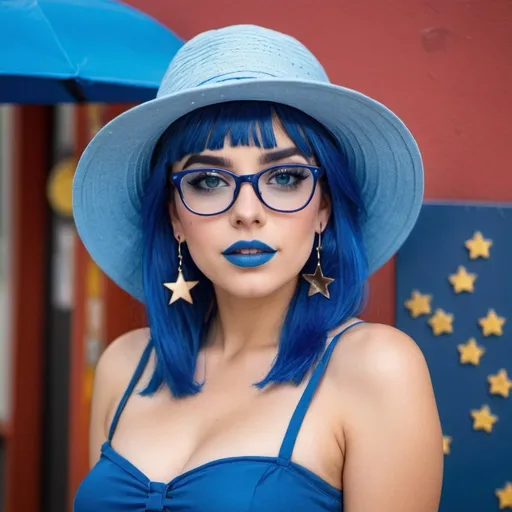 Prompt: 2010s,  Latina wearing blue sun hat, blue lipstick, blue makeup including blue eyeshadow and blue blush, blue hair, blue eyebrows, blue glasses, blue eyes, colourised, blue skirts, blue nails, full body shot, photography, blue hearts and stars earrings, neutral expression.