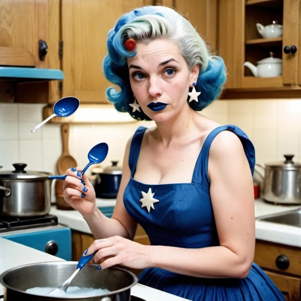 Prompt: 1950s, 30 year old white woman, mother, in kitchen, blue lipstick, blue hair, Puffy face, long ice nails, Spiral earrings, dark blue gown, blue Star Patch,  spoon stirring pot.