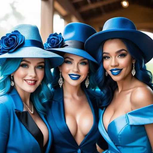 Prompt:  3 ladies with blue  eyes, flowing blue hair, smiling lips with blue lipstick, blue jacket, blue makeup, blue eyeshadow. At wedding, big chest, saucer hats