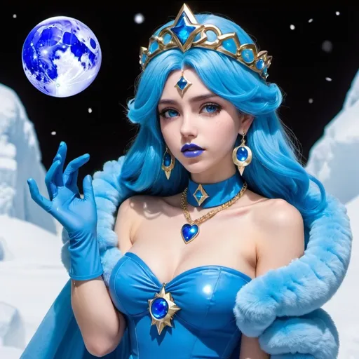 Prompt: Blue palutena, Heavy snow, Giant Blue Orb in Sky, Long Straight Blue hair, Ice crystal tiara, Thick bushy blue eyebrows, medium sized nose, plump diamond shape face,  Blue lipstick, ethereal blue eyes, blue Triangle Star earrings, soft ears, Large blue plastic chain around neck, Blue heart necklaces, blue candy shaped rings, Large blue fur coat with blue plastic gloves. Long Blue Skirt with moons.