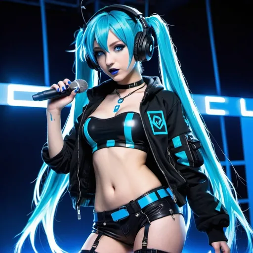 Prompt: Cyber goth hatsune miku, electronic dance, full body view, blue lipstick, blue eyes, blue eyeshadow, blue crop top, blue jacket, blue nails, blue hair, blue headphones, blue microphone, blue speakers, blue lights shining, media studio with cameras pointed at her, full lips, Checkmark on her crop top