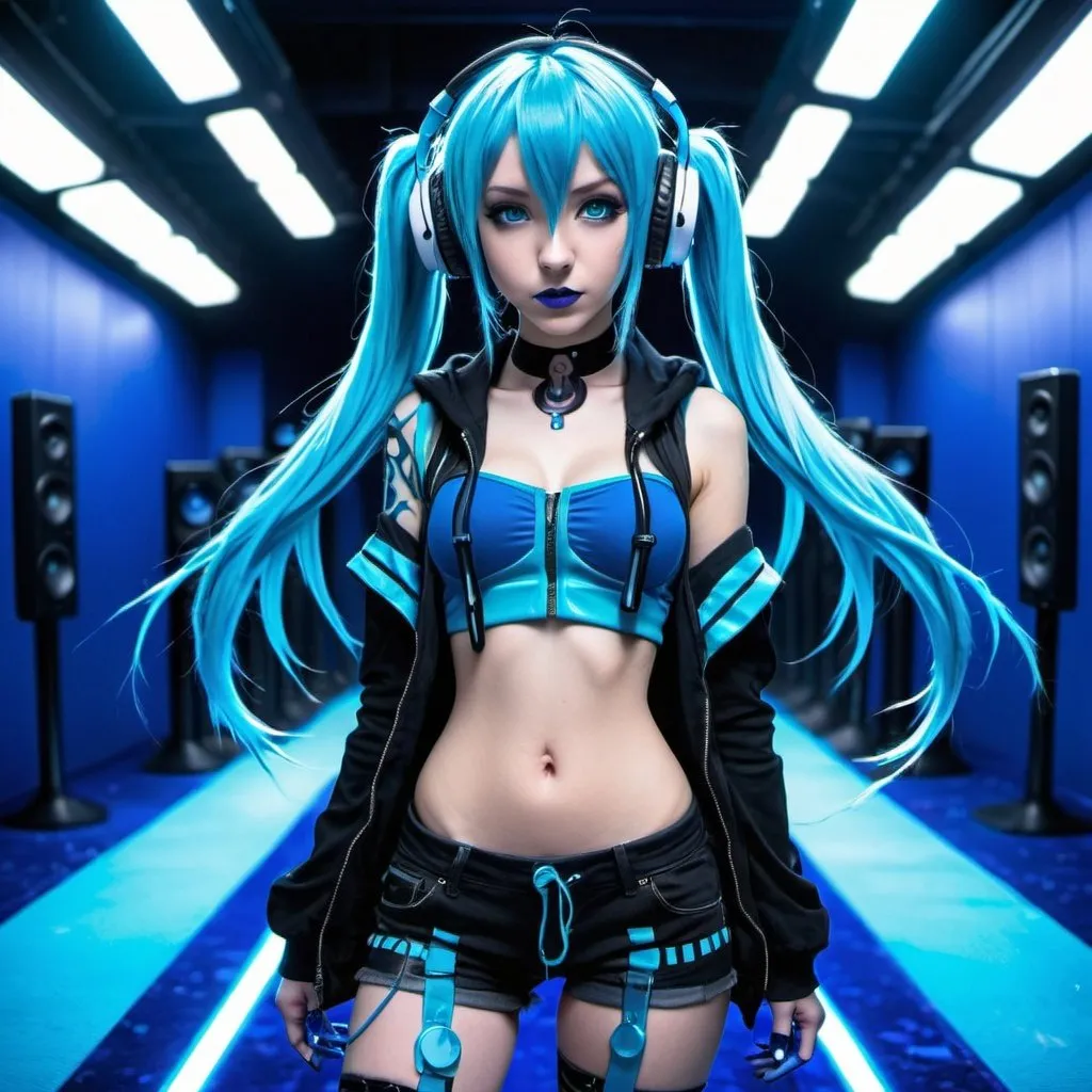 Prompt: Cyber goth hatsune miku, electronic dance, full body view, blue lipstick, blue eyes, blue eyeshadow, blue crop top, blue jacket, blue nails, blue hair, blue headphones, blue microphone, blue speakers, blue lights shining, walking the blue carpet