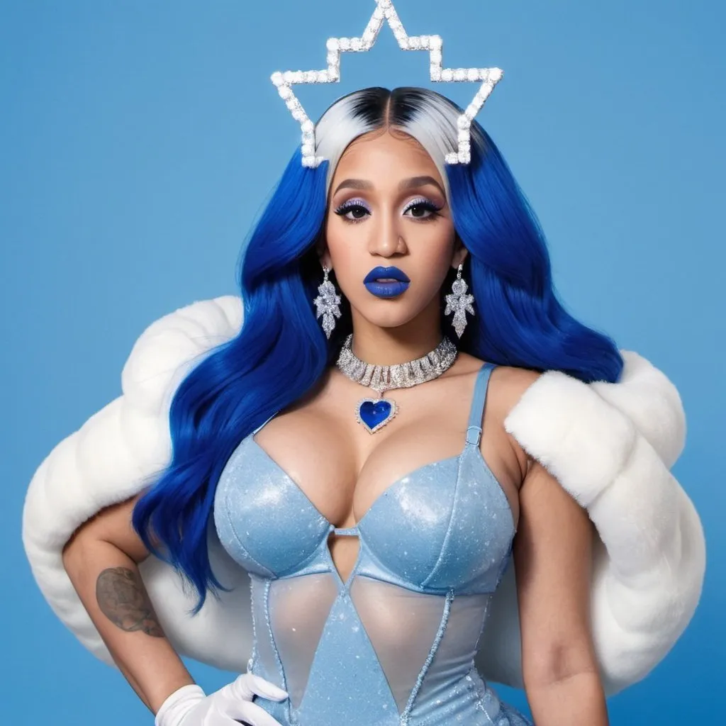 Prompt: Cardi B, Heavy snow, Giant Blue Orb in Sky, Long Straight Blue hair, Ice crystal tiara, Thick bushy blue eyebrows, medium sized nose, plump diamond shape face,  Blue lipstick, ethereal blue eyes, Triangle Star earrings, soft ears, Large blue plastic chain around neck, Blue heart necklaces, blue candy shaped rings, Large blue fur coat with blue plastic gloves. Long Blue Skirt with moons.