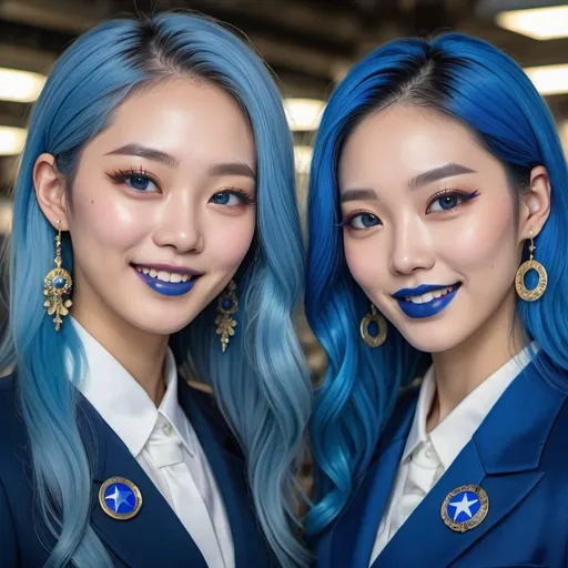 Prompt: a picture of 2 korean women with long blue hair, posing together large blue eyes wearing blue suits, blue eyeshadow, and blue lipstick, closed smiles at the camera, blue makeup, jewelry on hands, Artgerm, fantasy art, realistic shaded perfect blue face, a detailed painting, modern newsroom background, 30 years old, blue lipstick, blue star badge on their suits.