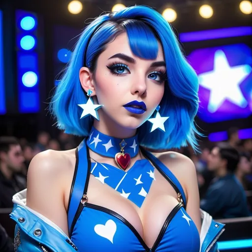 Prompt: 2020s, Arab women, blue choker, blue eyes, blue hair, blurry, blurry background, disco, party, choker, cross, blue cross earrings, depth of concert hall, blue heart earrings, blue eyeshadow, blue lights, jacket, jewelry, k/da \(league of legends\), lips, blue lipstick, long blue hair, looking at viewer, makeup, tv screens, photo \(medium\), piercing, solo, star \(symbol\), blue star earrings, star print, bigbreast