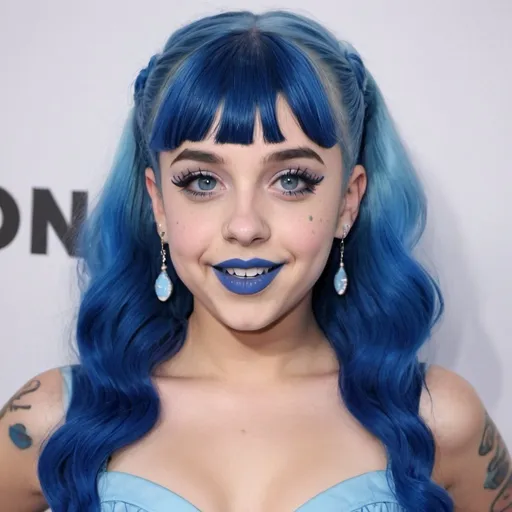 Prompt: Melanie Martinez with blue mullet, blue eyes, flowing blue hair, smiling lips with blue lipstick, blue dress, blue makeup, blue eyeshadow.



