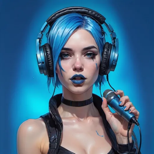 Prompt: a woman with blue hair and headphones on her face and a microphone in her hand, with a blue background, blue lipstick,  Artgerm, computer art, blue, cyberpunk art