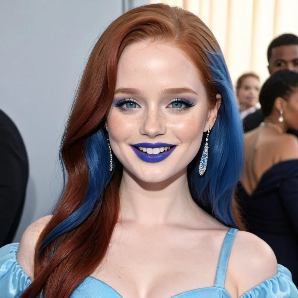 Prompt: Madelaine petsch with blue mullet, blue eyes, flowing blue hair, smiling lips with blue lipstick, blue dress, blue makeup, blue eyeshadow.



