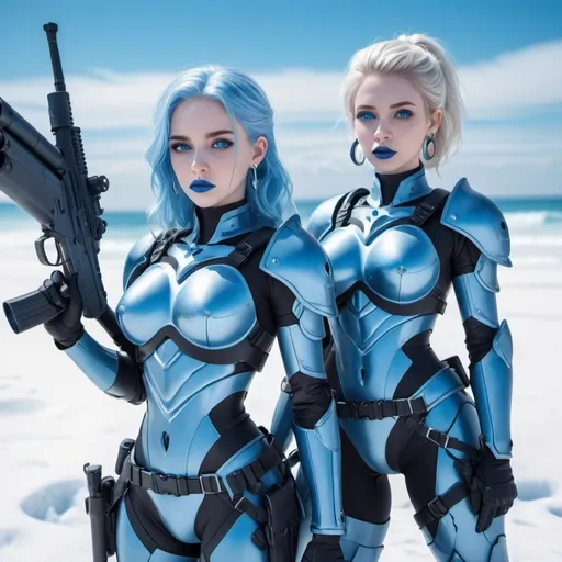 Prompt: Two white women holding a m-4 rifle, blue lipstick, snowy beach, blue heart necklaces, Thick blue soldier armor, pleasant face, blue spiral eyes, blue eyeshadow, long ice earrings. Cold color scheme, ultradetailed, 8k resolution, perfect, smooth, high quality, shiny. 