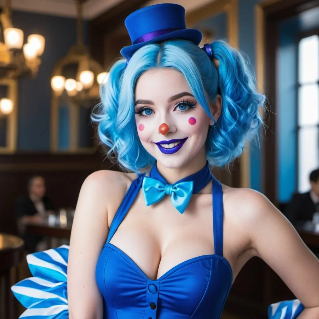 Prompt: Blue Lolita clown, smiling, blue hair, spandex bodysuit, blue lipstick, blue eyes.
