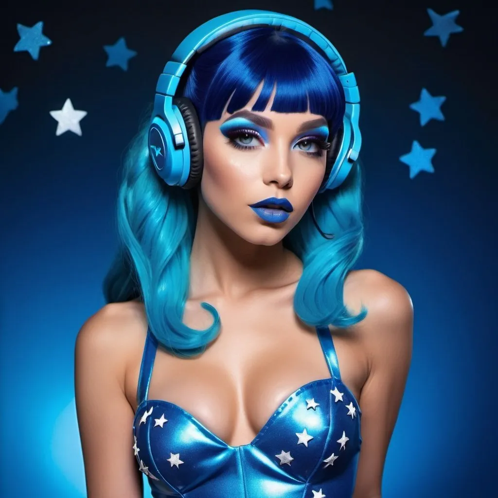 Prompt: 2020s, Starfire as a female popstar wearing a blue headphones, aqua blue lipstick, glossy and sparkling lips, blue makeup including blue eyeshadow and blue blush, dark blue hair, blue eyebrows, blue eyes, colourised, blue plastic gown, full body shot, photography, blue hearts and stars, euphoric.
