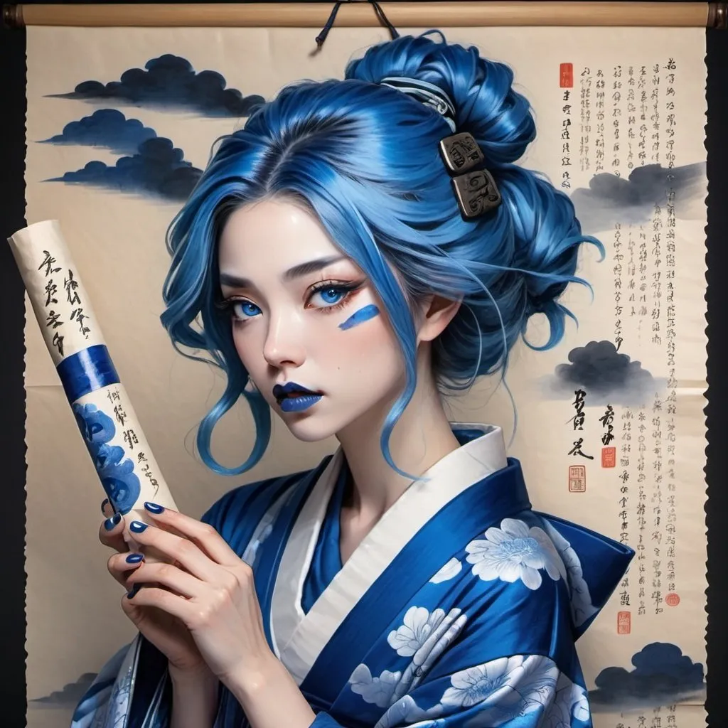 Prompt: A woman, blue hair, blue lipstick, blue kimono, blue eyes, blue eyeshadow, blue face faint, sketch, Japanese legend, on scroll, blue nails, dark storm behind on scroll paper.