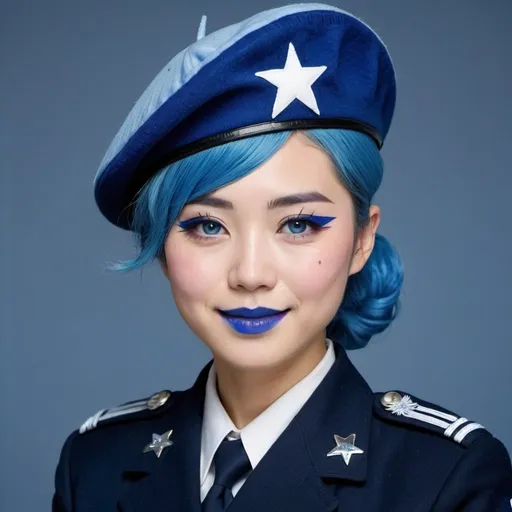 Prompt: 2010s, Japanese female officer wearing a blue beret, blue lipstick, blue makeup including blue eyeshadow and blue blush, blue hair, blue eyebrows, blue eyes, colourised, blue uniform beret, full body shot, photography, blue hearts and stars soft smile.