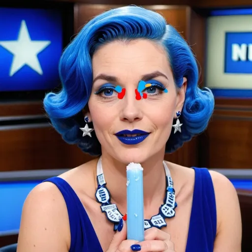 Prompt: 1950s, 35 year old white woman, news caster, in news room, blue lipstick, blue hair, Puffy face, slight smile, long ice nails, blue earrings, dark blue gown, blue Star Patch,  