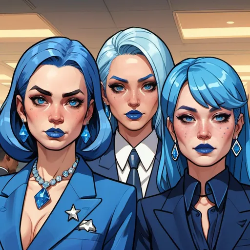 Prompt: GTA V cover art, 2 korean women with long blue hair, posing together large blue eyes wearing blue suits, blue eyeshadow, and blue lipstick, smirks, blue makeup, blue jewelry on hands, Artgerm, fantasy art,  shaded perfect blue face, a detailed painting, modern newsroom background, 30 years old, blue star badge on their suits, blue diamond earrings.