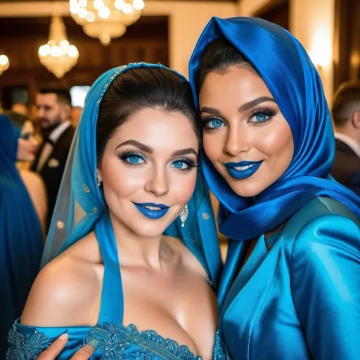 Prompt:  3 ladies with blue  eyes, flowing blue hair, smiling lips with blue lipstick, blue jacket, blue makeup, blue eyeshadow. At wedding, big chest, burka. bigbreast